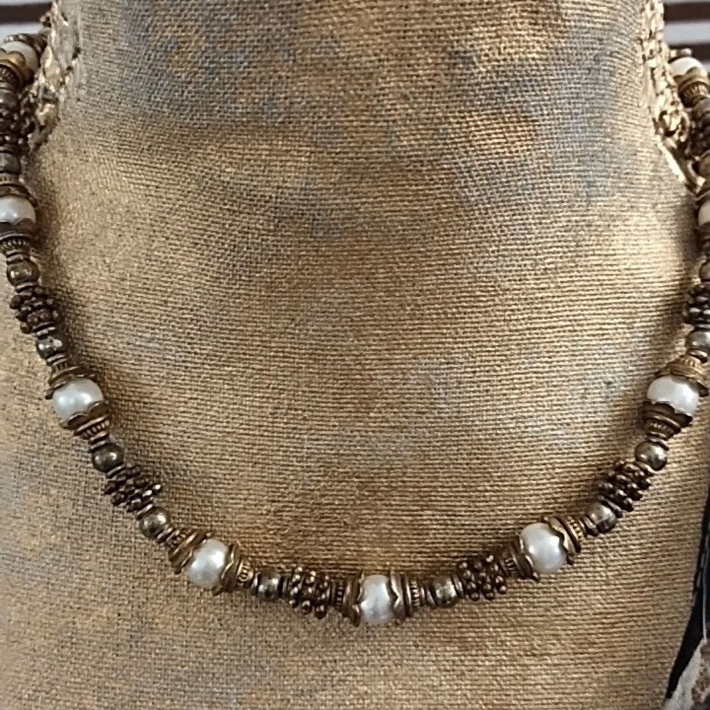Vintage Antique Gold, Brass & Pearl Beaded Necklace With Toggle Clasp